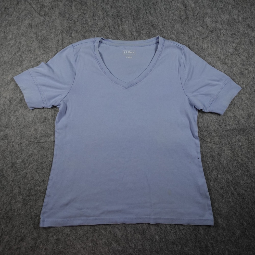 LL Bean Top Women Large Blue V Neck Short Sleeve Cotton Pima Solid